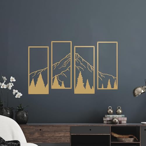 ruelen 4 Pcs Metal Mountain and Forest Wall Decorations Line Drawing Wall Art Minimalist Wall Decor Rustic Nature Home Wall Art Sculpture for Home Bedroom Bathroom Office Living Room (Gold - Image 3