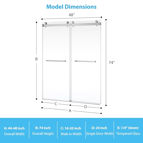 Image of 44-48 inch W x 74 inch H Shower Doors, Frameless Shower Door, Double Sliding Glass with 1 /4 inch (6mm) Clear Tempered Glass for Bathroom,Brushed Nickel