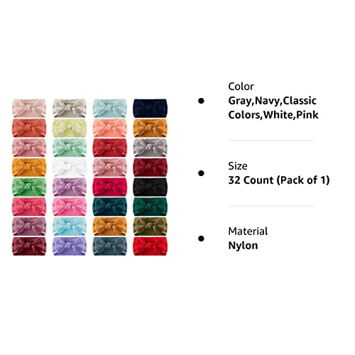 32 Pcs Baby Nylon Headbands Hairbands With Bows Elastics Handmade Hair Accessories Stretchy Headband Jacquard Design For Newborn Infant Baby Girls Toddlers Kids #TOP7