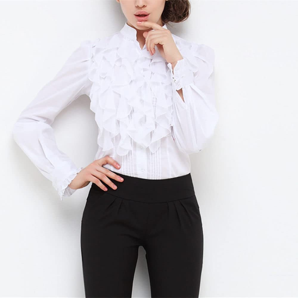 LITTLA Damen Bluse, Damen Hemd Arbeit Büro Bluse Elegante Weiße Chiffon Rüschen Stehkragen Hemden Tops Langarm Button-Down-Blusen Mode Tunika Tops Slim Plain Hemden Bluse