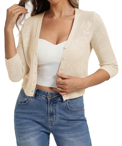 Image of Belle Poque Womens Summer Cropped Cardigan Sweaters Lightweight Crochet Bolero Shrugs 3 /4 Sleeve Button Down V Neck Cardigans