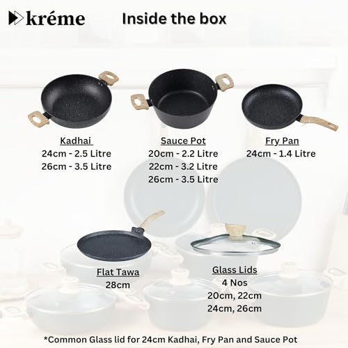 Image of Kreme Venetia Premium Series Granite Non-Stick 11 Pc Cookware Set | Kadai, Frypan, Dosa Tawa and Sauce Pot with Lid | Granite Coating | Induction & Gas Stove Use | Healthy Low-Oil Cooking, Grey