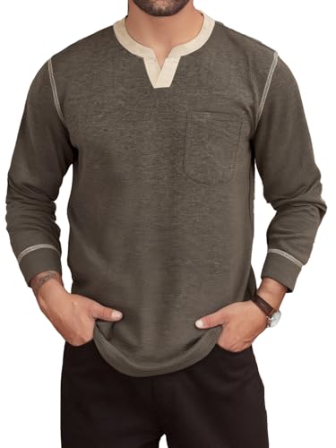 Men's Casual V Neck Long Sleeve Tees Henley T-Shirt Comfortable Pullover Tops with Pocket