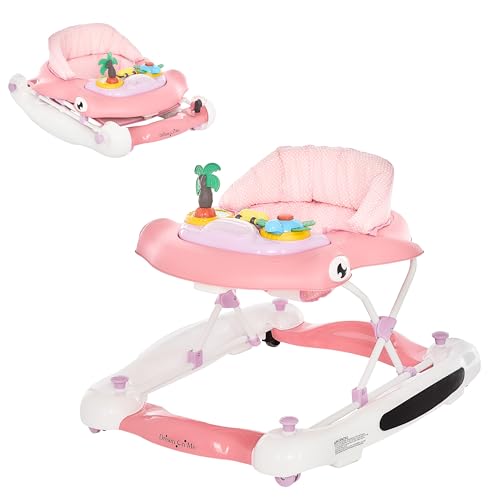 Dream On Me Aloha Baby Walker, 2-in-1 Foldable Infant Activity Walker with Adjustable Height, Musical Toy Tray, Padded Seat & Removable Foot Mat, Compact Folding Design for Babies 6–36 Months – Pink