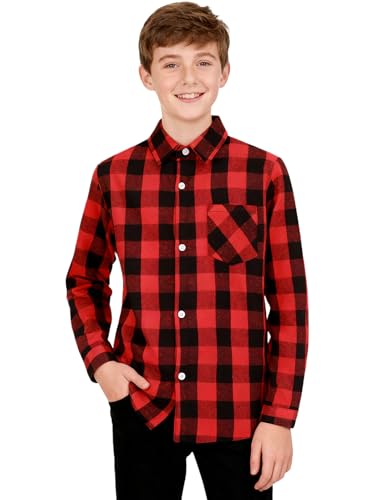 mintgreen Boys Checked Shirt, Kids Casual Button Down Cotton Long Sleeve Tops, Red Tartan, 11-12 Years, 160
