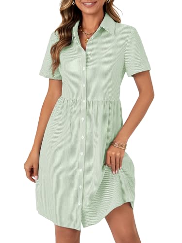 Image of Rooscier Women's Striped Shirt Dress Button Down Collared Short Sleeve Mini Dress