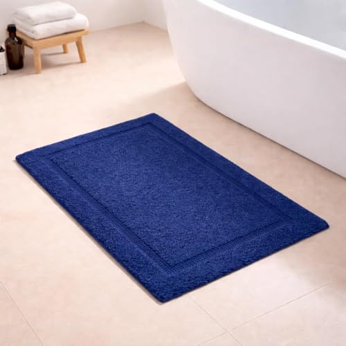 Image of Premium Combed Cotton Tufted Bathmat 45 x 65 cm, 1800 GSM Soft Absorbent Anti Skid Bathroom Floor Mat with Latex Backing, Quick Dry Non Slip Bath Rug for Shower and Daily Use, Race Track Navy