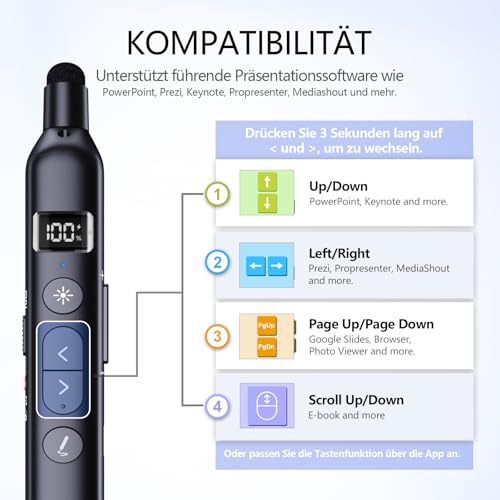 Norwii N21 Bluetooth-Präsentationsklicker mit Teleskopischem Lehrpointer, Präsentationsfernbedienung mit Ausziehbarem Stab für PowerPoint, Kabelloser Präsentator, Folienwechsler - Schwarz