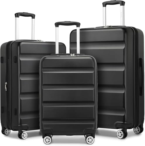 Kono 3-Piece Luggage Sets | Expandable Hard Shell PC+ABS Suitcase with TSA Lock | Lightweight & Sturdy Travel Suitcases with 4 Spinner Wheels (20", 24", 28") - Black