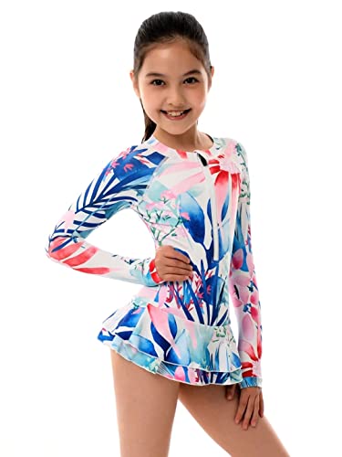 Yolipuli Girl Family Matching Long-Sleeve Rash-Guard : Uv Upf 50+ Sun Protection Front Zipper Surfing One Piece Swimsuit Girl 6-8 Years Clean Floral Swimdress #TOP1