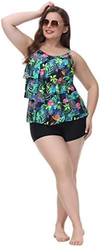 Hanna Nikole Women Plus Size Two Piece Tankini Swimsuits 3-Tiered Ruffle Flounce Top with High Waisted Bottom