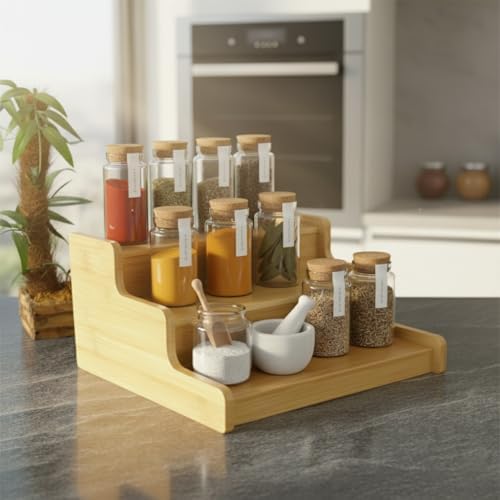 Deconox 3 Katlı Doğal Bambu Baharatlık Rafı | Çok Amaçlı Mutfak ve Banyo Düzenleyici | Merdiven Tipi Tezgah Üstü Organizer | 24x22x11 cm - Görsel 1
