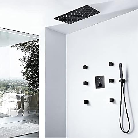 ALYHYB LED Ceiling Rain Shower Head System Bathroom Brass Faucet Fixture Complete Kit with Thermostatic Pressure Blanced Mixing Valve (12 Inch, Black) W/Self-cleaning Nozzle Cover