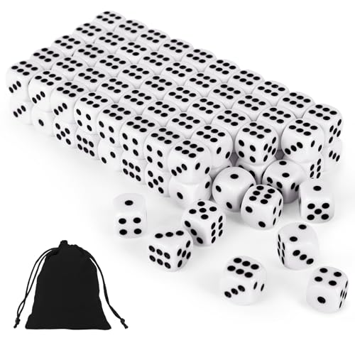 HiLLeo 100pcs 16mm Standard Dice Set, 6 Sided D6 White Opaque Dice with Black Pouch for Board Games, Parties, Math Learning, Classroom and Group Event