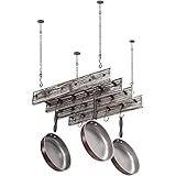 MyGift Ceiling-Mounted Pot and Pan Holder, Torched Wood and Metal Piping Hanging Storage Rack with 8...