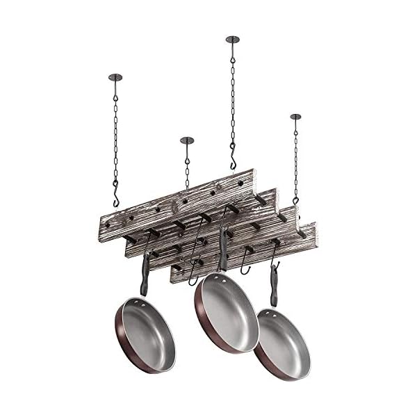 MyGift Ceiling-Mounted Pot and Pan Holder, Torched Wood and Metal Piping Hanging Storage Rack with 8 Hooks