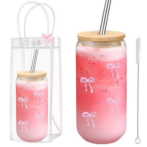 ACUDUDOMA Coquette Bow Glass Cup with Clear Gift Bag,16 oz Iced Coffee Cup with Lids and Straws, Aesthetic Glass Tumbler Smoothie Cup Beer Drinking Cup for Girls/Bestfriend/Sister/Girlfriend/Mom