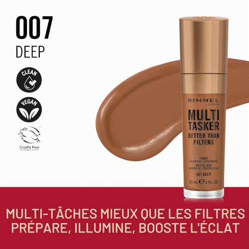 Rimmel Multi-Tasker Better Than Filters, 007 Deep, Base de Teint, Booster d’Éclat et Highlighter, formule vegan, léger, pigments réflecteurs de lumière, grand applicateur doux, 30 ml