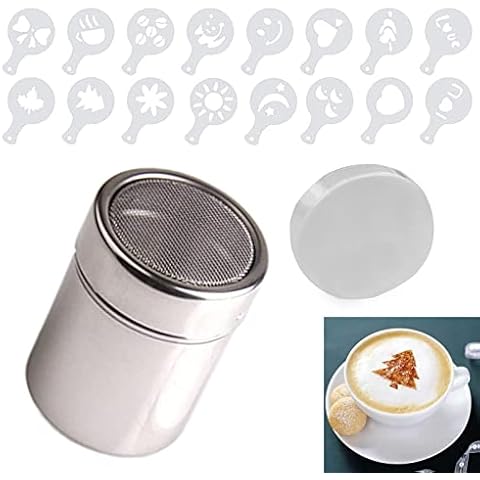 Stainless Steel Chocolate Shaker Duster Dredgers Sprinkler Icing Sugar Cocoa Flour Coffee Latte Cappuccino Mesh Sifter with 16 pcs Barista Coffee Stencils Cover