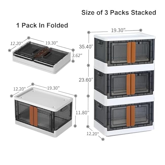 Plastic Storage Bins with Lids 3-Tier Collapsible Clear Storage Bins with Wheels Stackable Closet Organizers Foldable Box Storage Containers for Home Office Trunk Outdoor (41QT, 3 Packs)