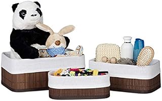 Relaxdays Bamboo Bathroom Baskets, HxWxD13 x 30 x 20 cm, Set of 3 Shelf Bins with Cloth Insert, Brown