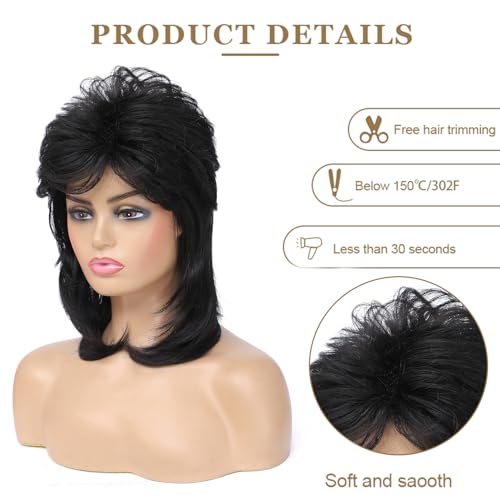 Image of Adequate Mullet Wigs for Women, Joe Dirt,Emo Wig,80s 90s Costumes Fancy Party Accessory Cosplay Wig, Halloween Man x (Black)
