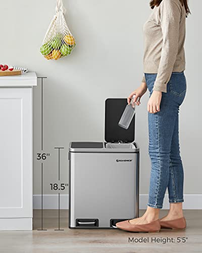Songmics Dual Trash Can, 2 X 4 Gal (2 X 15L) Garbage Can, Steel Pedal Recycle Bin With Lid And Inner Buckets, For Small Kitchens, Fingerprint-Proof, Soft Closure, Airtight, Silver Ultb30H #TOP6