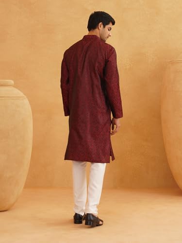 Image of SOJANYA (Since 1958 Men's Silk Blend Self Design Maroon Kurta and Churidar Pyjama Set