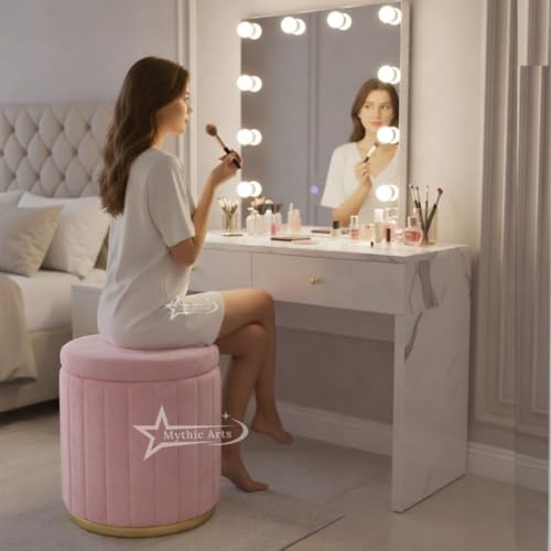 Image of Round Strip Stool with Cushion Foot Rest Office Stool Pouf Ottoman Padded Seat in Living Room - Pink