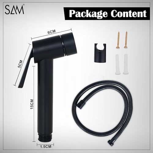 Image of SAM Trona Health Faucet Set Water Saving Health Faucet 1 Meter Flexible Hose and Wall Mount for Toilet Black| Jet Spray