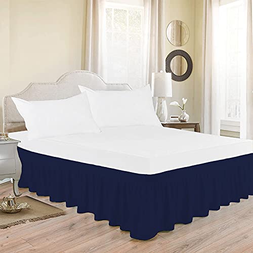 Image of Wrap Around Dust Ruffled Bed Skirt 10 inch Inch Tailored Drop Fade Resistant Brushed Microfiber Bed Skirt - Single Bed | Navy Blue