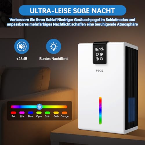 Luftentfeuchter, 2800ML Elektrischer Luftentfeuchter mit Ultra-Leise Automatischer Abschaltung, 7 Farben Licht Entfeuchter für Keller Badezimmer, Raumentfeuchter Dehumidifier für Schlafzimmer