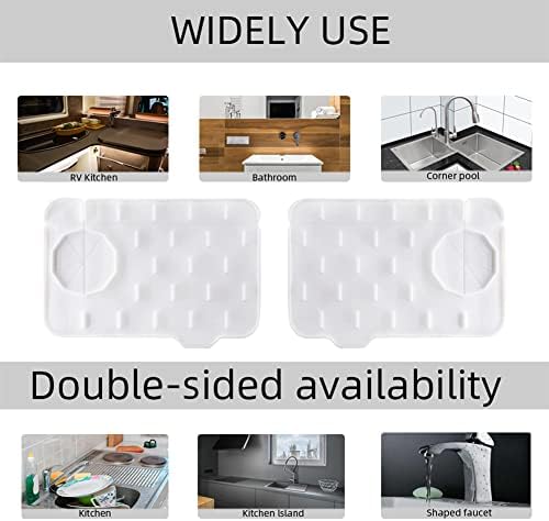 2 Pcs Silicone Faucet Mat, Silicone Faucet Handle Drip Catcher Tray, Silicone Soap Holder Sink Draining Pad Behind Faucet for Kitchen, Bathroom, Double-sided Available, White