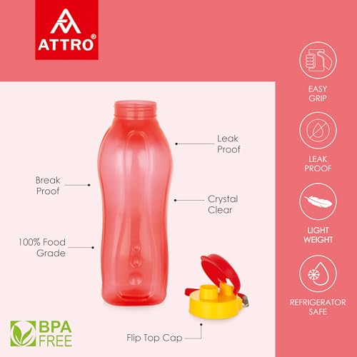 Image of ATTRO Prime Drinkware Plastic Water Bottle,Leak-Proof-Set of 3-Red-1.5L
