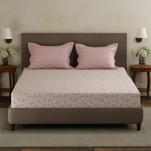 Image of Layers 100% Cotton Double Size Bedsheet Set | Pink Floral Print | 120 TC Forever Collection | Soft & Breathable | Washable Bedsheet with 2 Pillow Covers | All Season