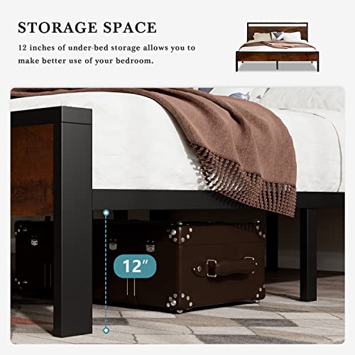 Hoomic King Size Platform Bed Frame With Rustic Headboard, Metal Bed Frame With Strong Slat Support, Mattress Foundation, No Box Spring Needed. Mahogany #TOP4