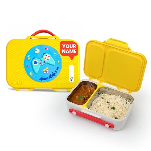 Image of rabitat Munchbee Pro Personalized Stainless Steel Kids Lunch Box 850ml- Food-Grade Steel Bento Tiffin | 2-Year Brand Warranty | Spill-Proof Flick-Lock | 3 Compartments, BPA-Free, School-Safe | Sparky
