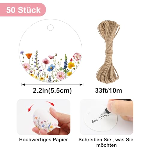 jijAcraft Geschenkanhänger Rund mit Blumen Gras: 5.5cm Weiß Papier Anhänger zum Beschriften 100 Stück Papier Etiketten mit Loch und Schnur Papieranhänger für DIY Weihnachten Geburtstag Geschenk