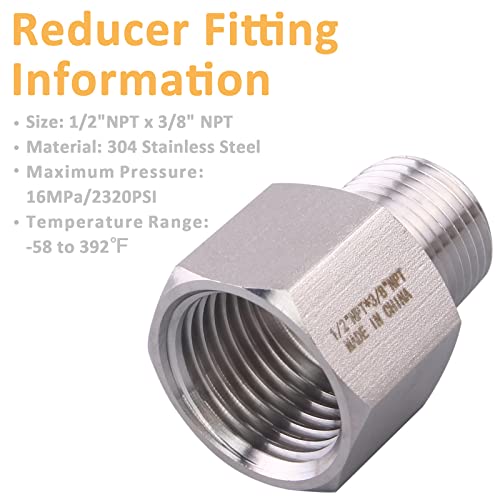 Image of Forged Reducer Adapter Fitting - Stainless Steel 304 Reducing Pipe Connector, 1 /2 inch NPT Female x 3 /8 inch NPT Male (pack of 5)