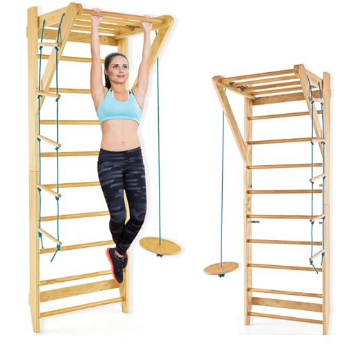GYMAX Sprossenwand aus Holz, Kletterwand Indoor für Erwachsene & Kinder, Turnwand mit Klimmzugstange, Seil-Leiter & Trapez, Fitness Trainingswand bis 100 kg belastbar, Schwedische Leiter für Zuhause