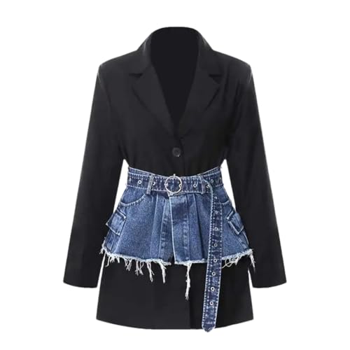 Vsadsau Women's Blazer Notched Lapel Buttons Long Sleeve Denim Belt Street Casual Suit Jacket