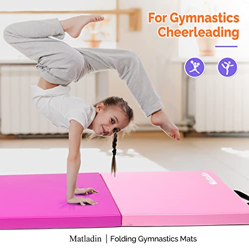 Matladin 8\' Folding Gymnastics Gym Exercise Aerobics Mat, 8ft x 2ft x 2in PU Leather Tumbling Mats with Hook & Loop Fastener for Stretching Yoga Cheerleading Martial Arts (Purple&Pink) - Thumbnail 7