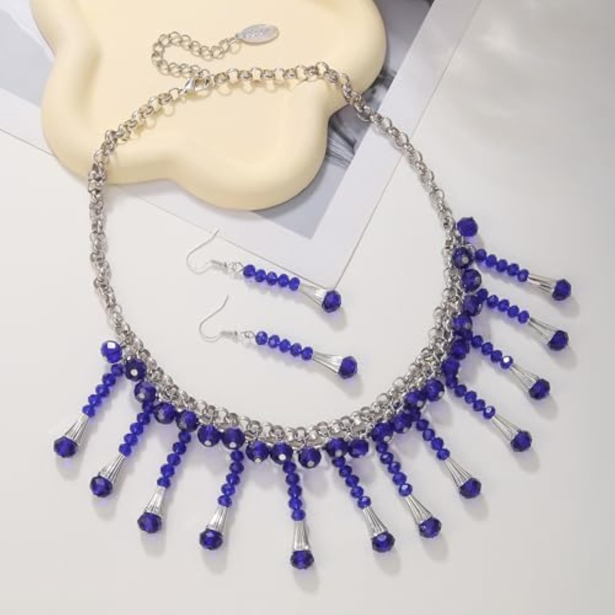Women's Statement Beaded Necklace with Crystal Ball & Earrings Set