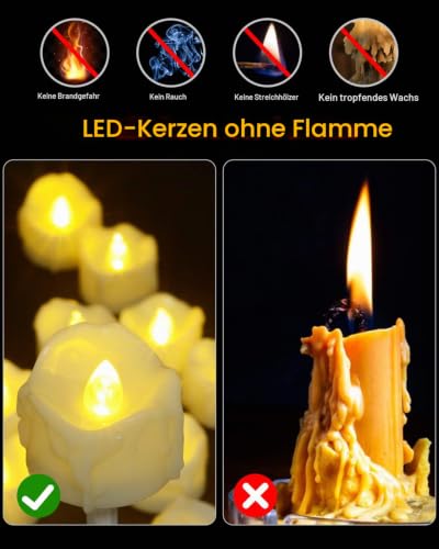 PChero LED Teelichter mit 6 Stunden Timer, 12er Set Elektrische Flammenlose LED Kerzen Flackernde Flamme mit Batterie und Timerfunktion für Halloween Zimmer Silvester Kürbis Deko Weihnachten – Beige – Bild 2