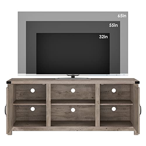Urkno Wooden Tv Stand For Tvs Up To 65”, Farmhouse Double Barn Door Television Stand With Storage And Adjustable Shelves, Media Console Table Entertainment Center For Living Room, Grey #TOP3