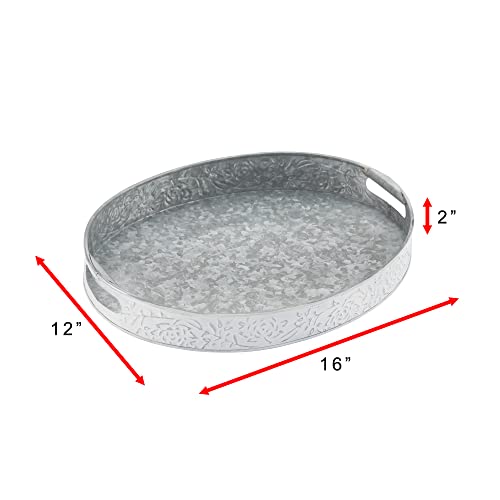 Galvanized White Washed Farmhouse Serving Tray for Ottoman, Coffee Table, Centerpiece Decor – Distressed Round Iron Metal Tray with Handles & Vintage Floral Pattern