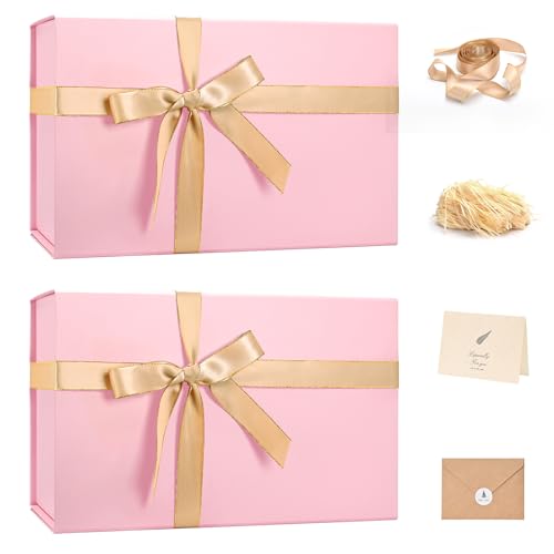 Image of LIFELUM Pink Gift Box with Magnetic Lids for Presents, 14 inchx8.5 inchx4.5 inch | with Ribbon, Greeting Card & Filler for Women, Birthday, Bridesmaid Proposal & Wedding, 2 Pack
