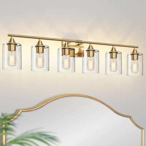 Image of 6-Light Gold Vanity Light,Bathroom Light Fixtures,Modern Brushed Brass Gold Wall Sconce Lighting,Bathroom Wall Lamp for Mirror Bedroom Living Room Vanity Table Hallway