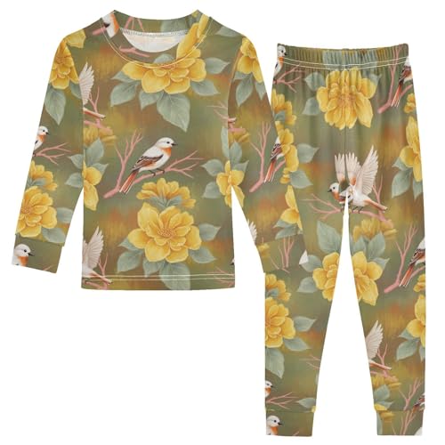 Pajama Sets Long Sleeve Birds Yellow Flowers Pattern Soft Comfy Sleepwear 2 Piece PJS 3-8T