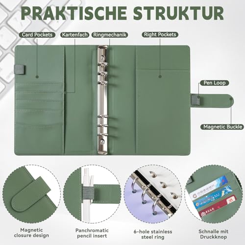 KIHONI Notizbuch A5 Ringbuch Nachfüllbar: 150 Blätter Nachfüllpapier, Binder a5 budget planner Mit Bindertaschen Trennblättern für Schulnotizen,Tagbuch, Skizze, Malerei & Reisetagebuch